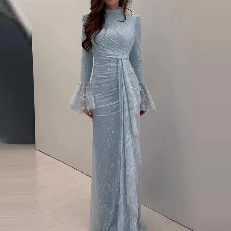 Lace Embroidery Turtleneck Maxi Dress | Long Sleeve Slim Sheath Evening Gown Luxegan