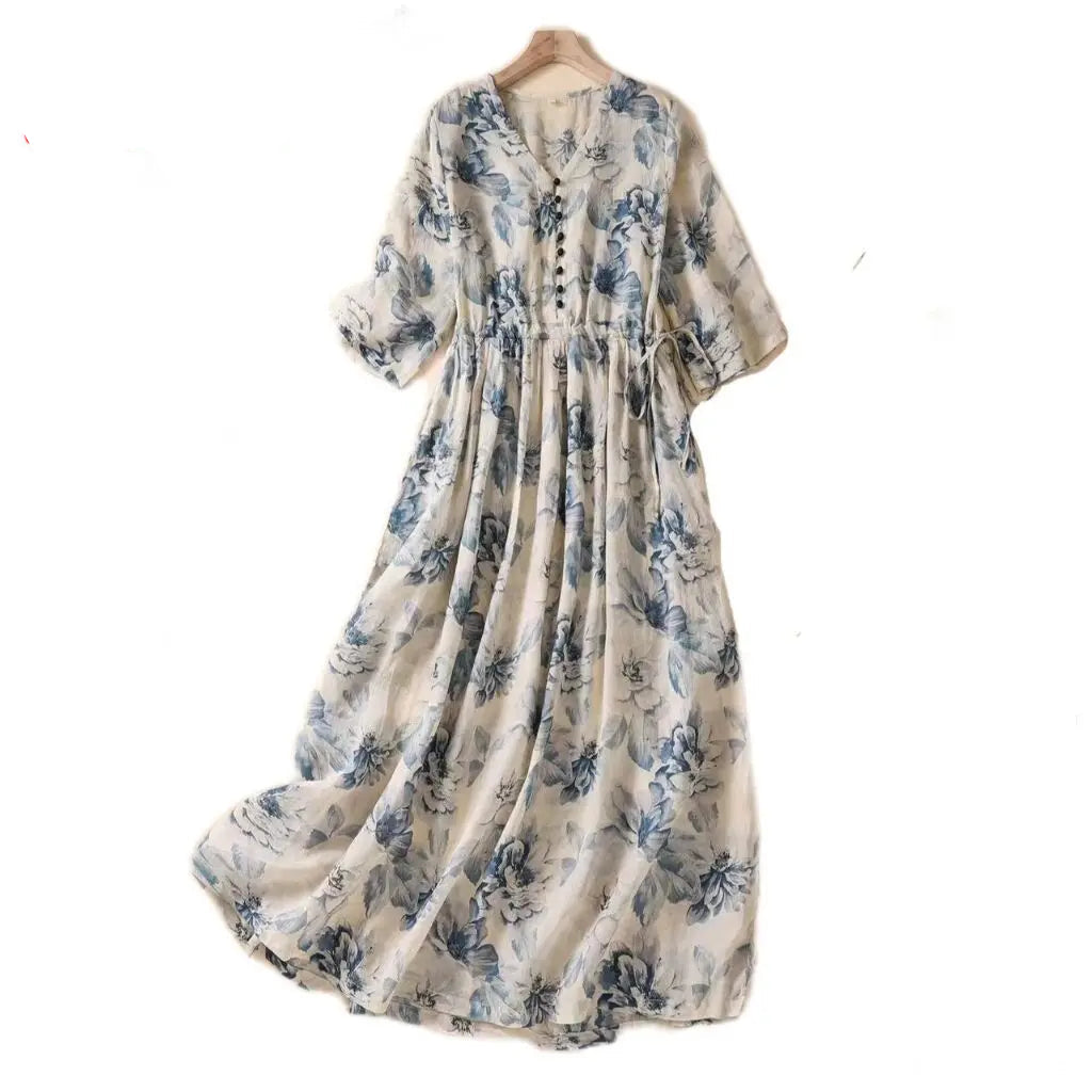 Print Bohemian V-Neck Short Sleeve Slim A-Line Ankle-Length Dress with Fold Detailing – Slight-Stretch Cotton-Polyester Blend, Elasticated Waist, Summer Luxegan