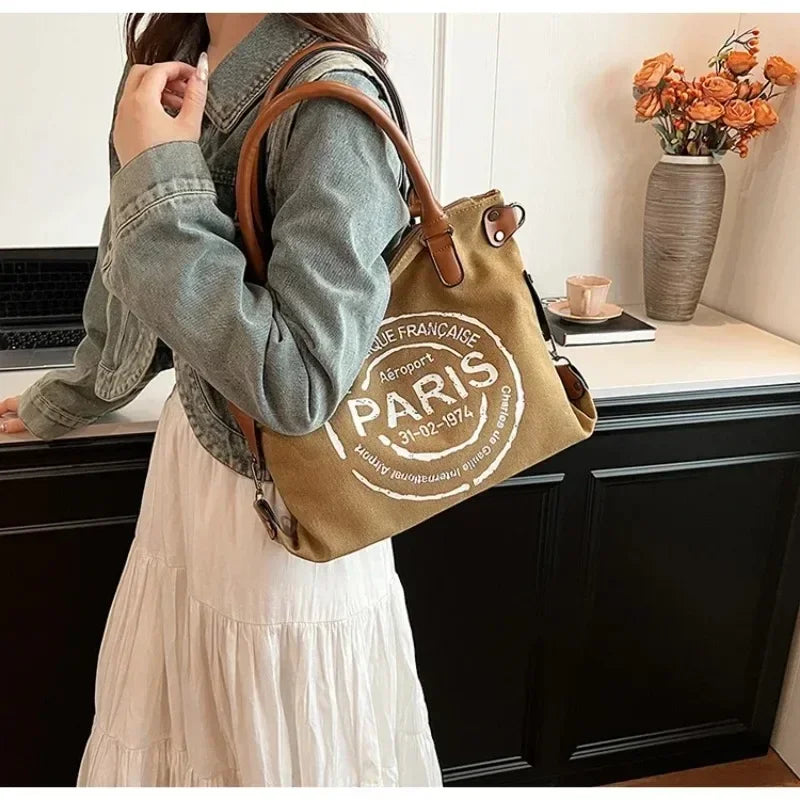 Large Women Stylish Crossbody Bag | Retro Canvas Tote Bag & Vintage Paris Stamp Print Luxegan