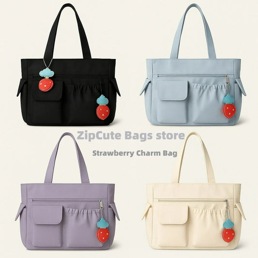 New Solid-Color Versatile Commuter Bag | Sophisticated Strawberry-Pendant Handbag | Elegant College-Style Large Capacity Shoulder Bag | "Dignified" Soft Oxford Tote for Multi-Season Styling Luxegan