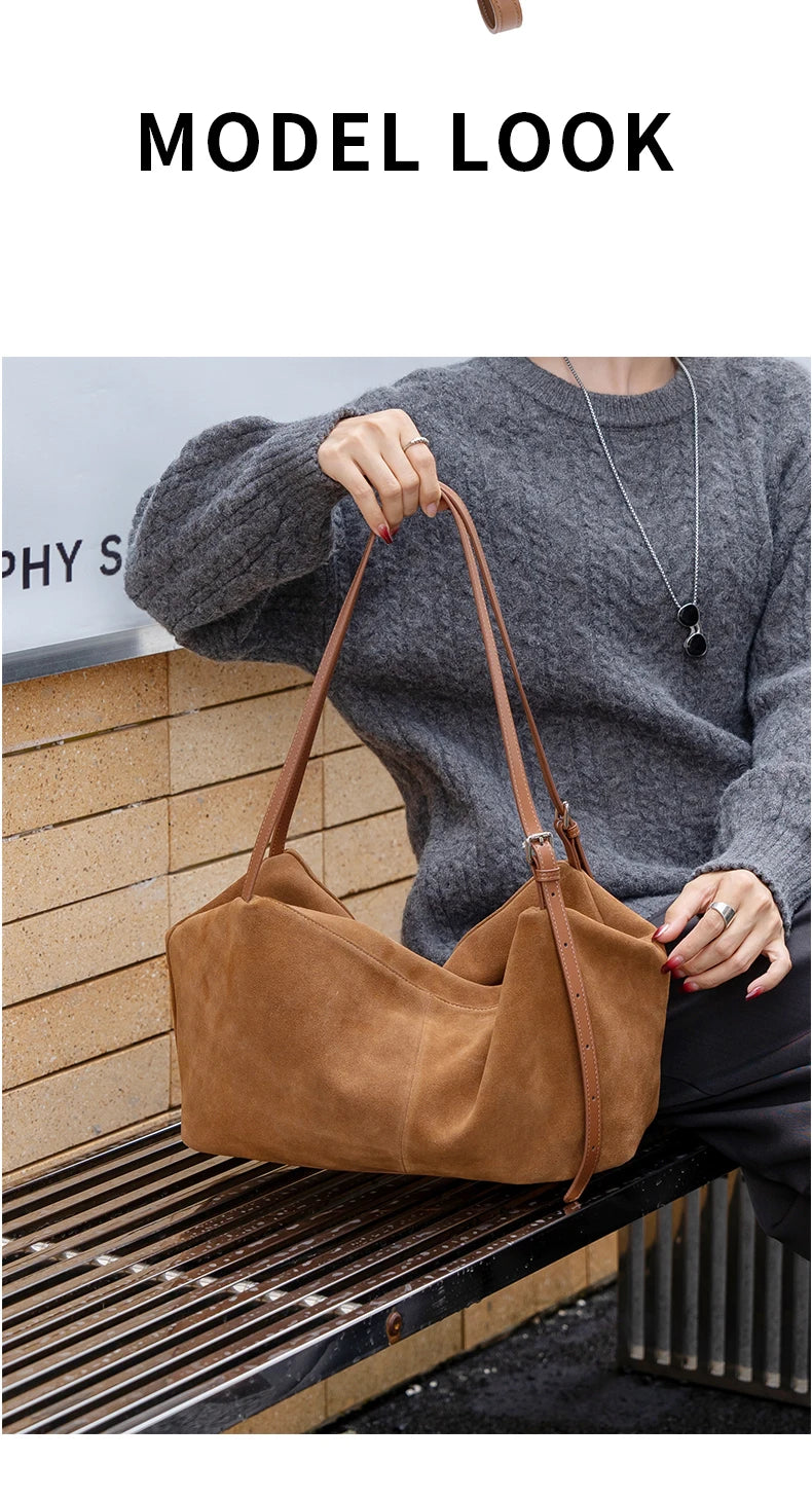 Women’s Suede Genuine Leather Shoulder Bag | Frosted Cowhide Crossbody Handbag | Luxury "Lazy Style" Designer Commuter Tote (Model 6131) Luxegan