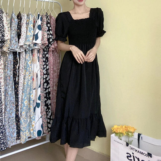 Women's Printed Chiffon Short-Sleeve Dress | Elastic-Waist Pleated A-Line Summer Dress | Slash-Neck Knee-Length Casual Slim-Fit Gown Luxegan