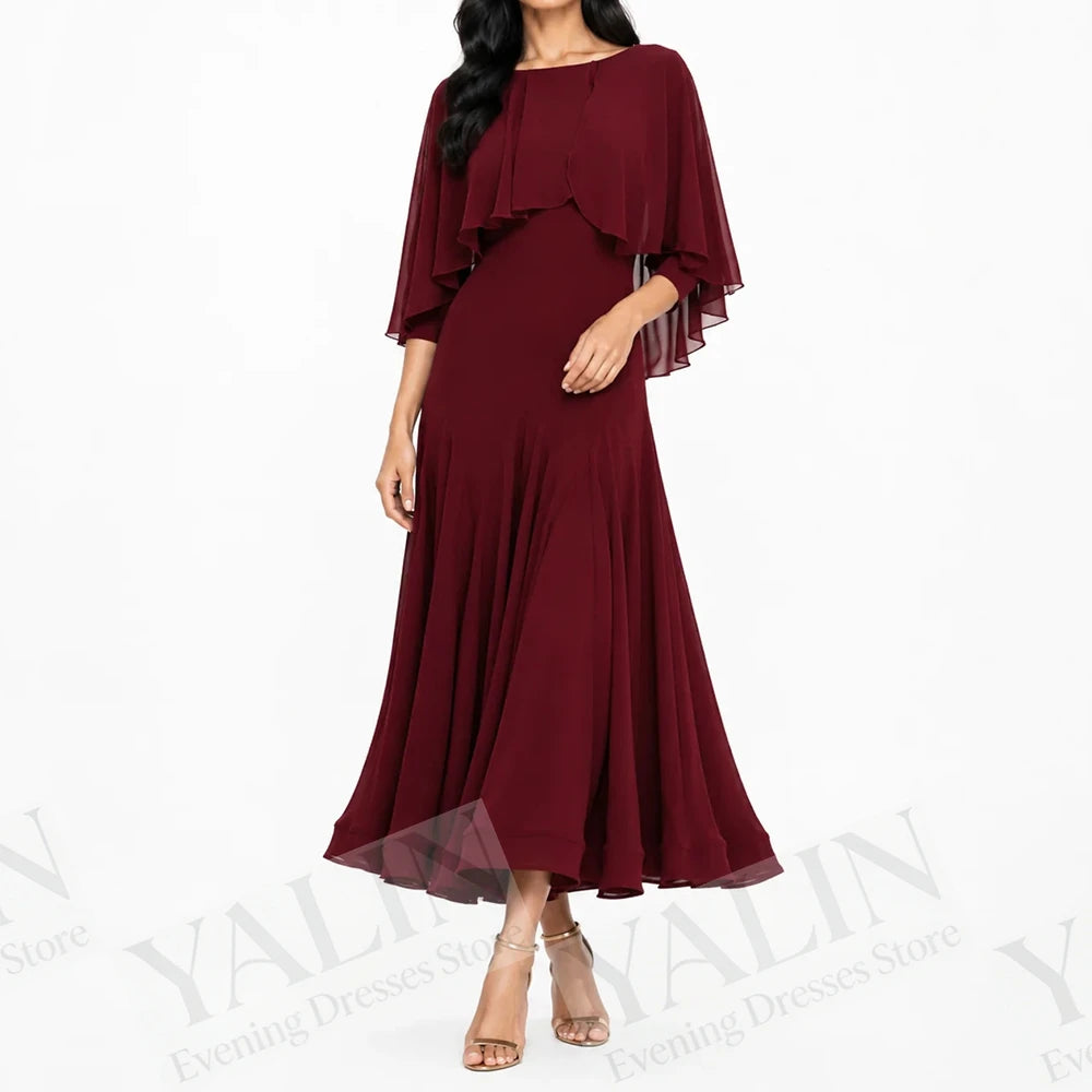 Stole Scoop-Neck Three Quarter Sleeve Tea-Length A-Line Prom Dress Luxegan