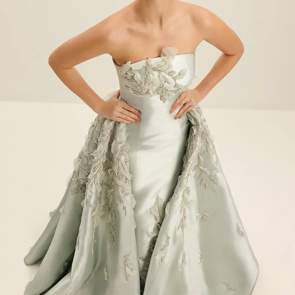 Retro Classic Satin A-Line Evening Dress | Strapless Applique Beaded Formal Gown | Custom Size Floor-Length Sweep Train Dress Luxegan