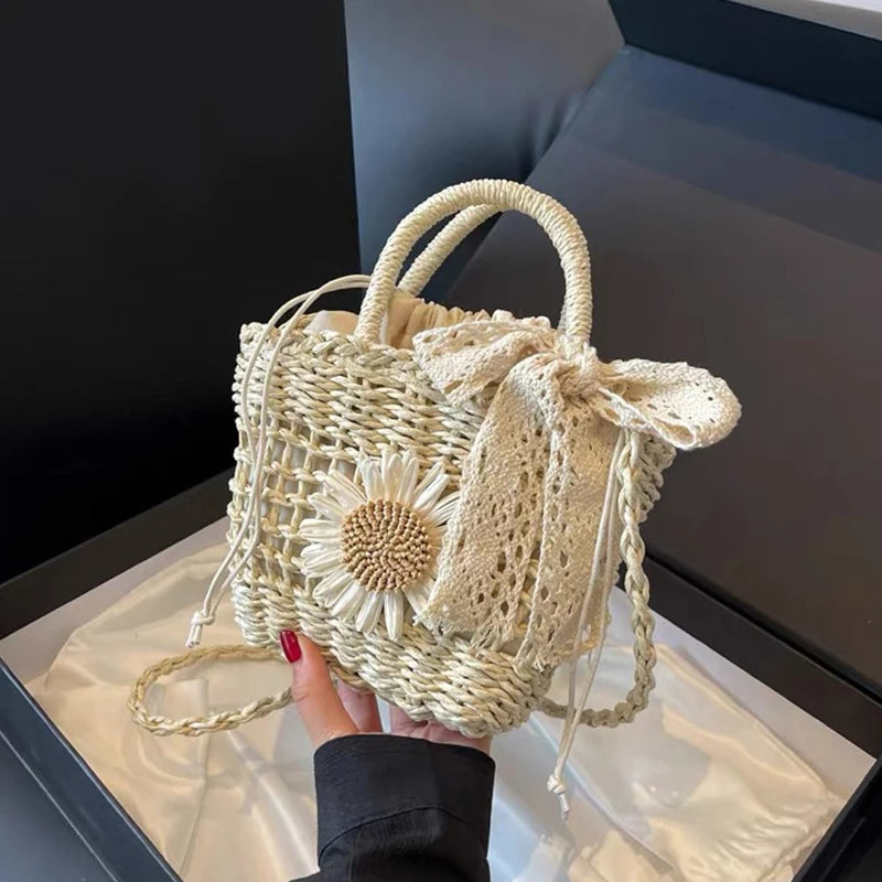New Weave Lace Bow Handbag | Dacron Square Shape Straw Weave Bag & Small Bucket Tote Luxegan