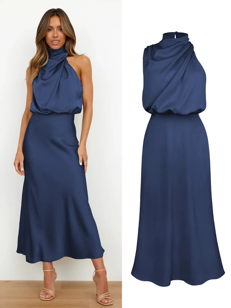 Women's Summer High-End Silk Satin Long Dress | Elegant Celebrity Evening Gown | Luxury Scarf Collar Sleeveless Party Dress | Premium Knit Asymmetrical Slip Maxi Robe Luxegan
