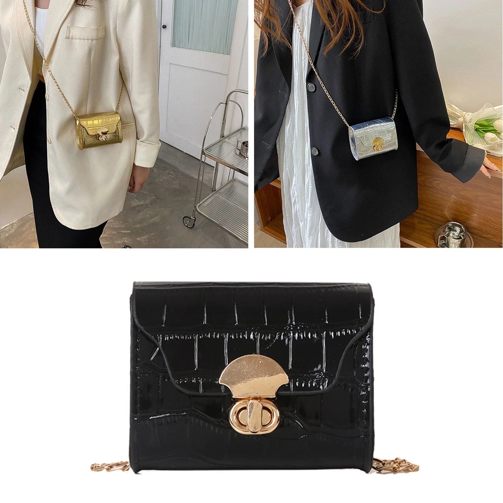 Korean Style Leather Bright Surface Shoulder Bag | Chain Mini Crossbody Bag & Lipstick Pouch Luxegan