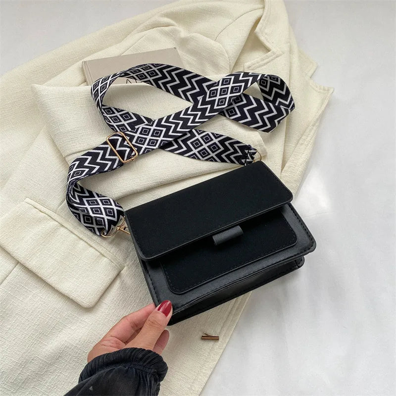 Fashion Wide Strap Crossbody Bag | Sophisticated Square Matte PU Leather Shoulder Bag | Elegant Casual Flap Handbag | Luxury "Dignified" Moderate-Hardness Purse with Applique Decoration Luxegan