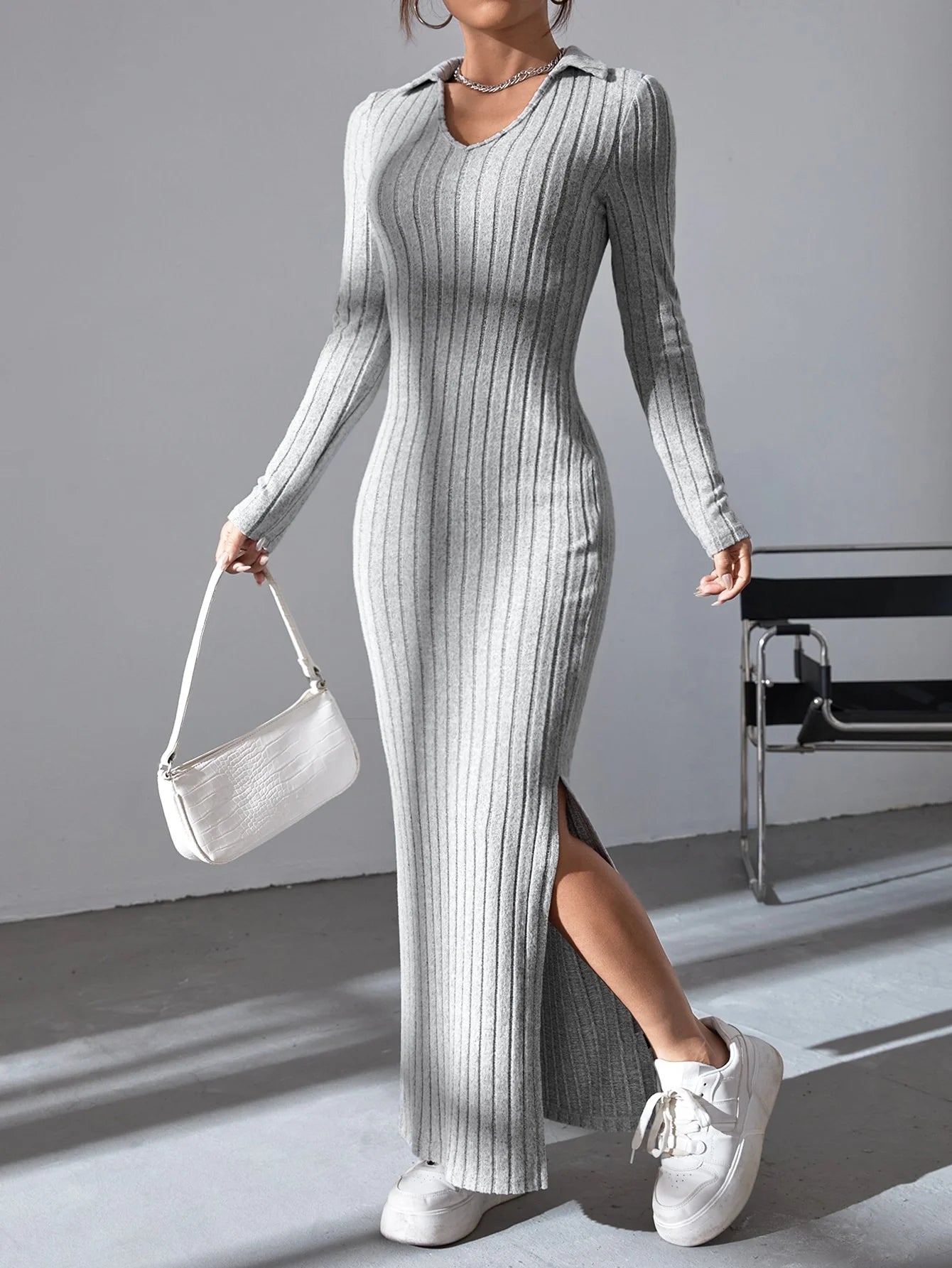 Women's Sexy Solid V-Neck Knit Dress | Reverse-Neck Split Ankle-Length Sweater Dress | Full-Sleeve High-Stretch Slim Office Lady Sheath Luxegan