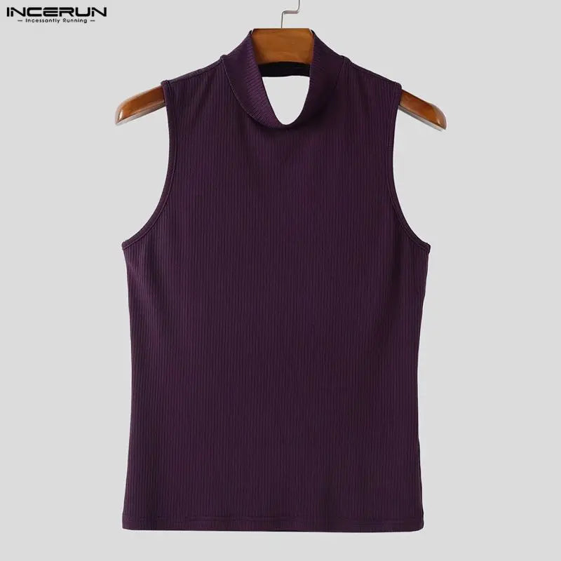 INCERUN Men Tank Tops Knitted Solid Color Turtleneck Sleeveless Male Vests Streetwear Hollow Out Backless Fashion Men Clothing