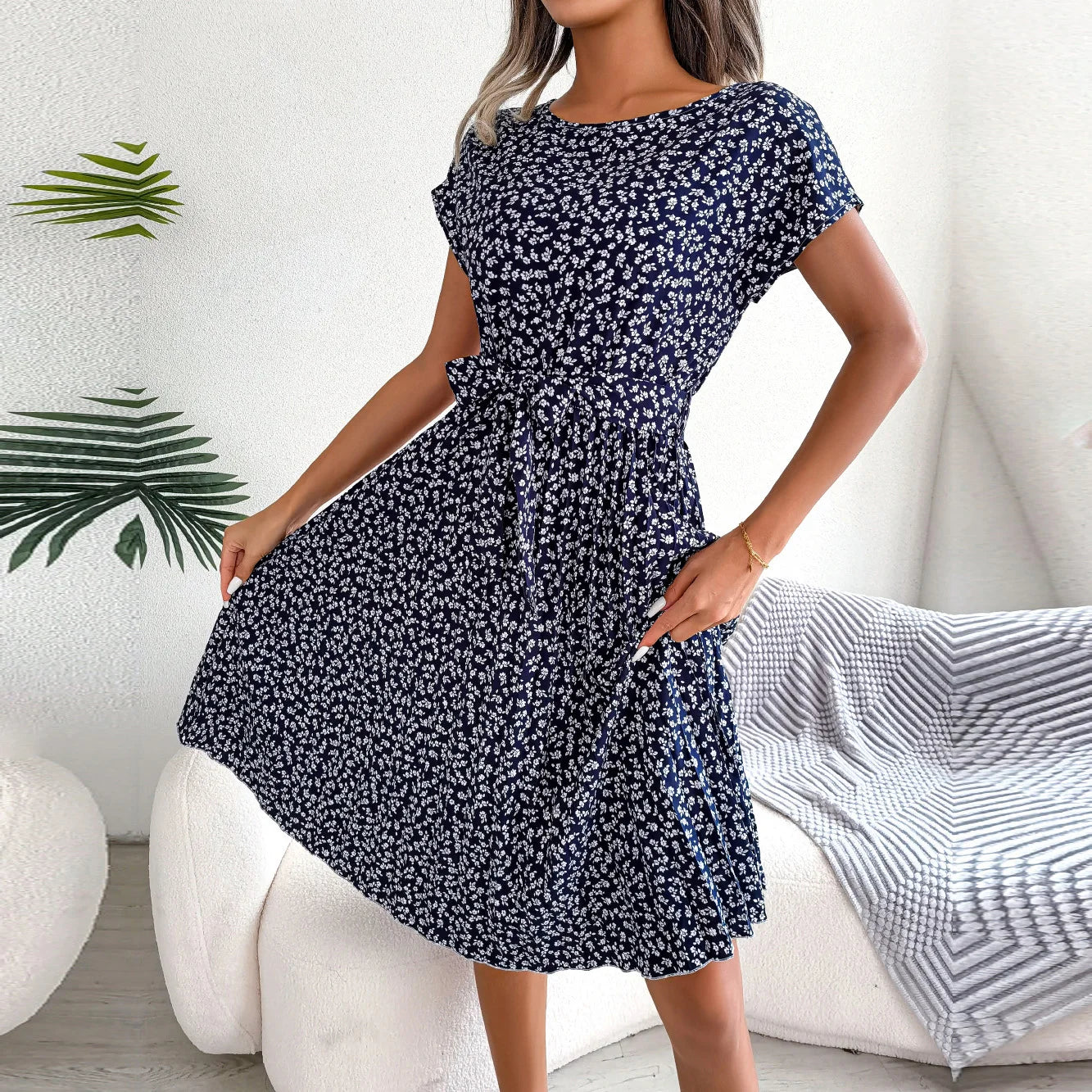 Floral Chiffon High-Waist A-Line Dress | Pleated O-Neck Short Sleeve Casual Dress | Elegant Empire Waist Summer Midi Dress Luxegan