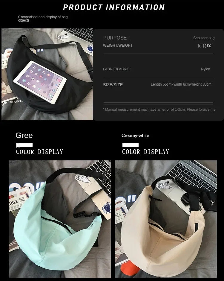 Unisex Solid Color Large Capacity Hobo Crossbody Bag | Harajuku Japanese Style Waterproof Nylon Travel Shoulder Purse Luxegan