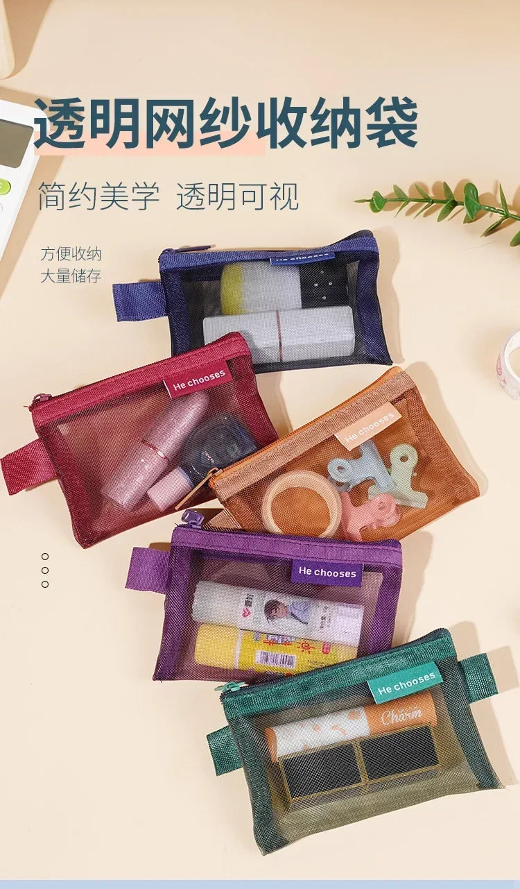 Pequeño Bolso Cuadrado de Color Sólido para Monedas, Organizador de Nylon de Malla para Pintalabios, Llaves, Auriculares, Tarjetero de Bus, Banco, Identificación, Tarjetas de Crédito, Estuche de Almacenamiento