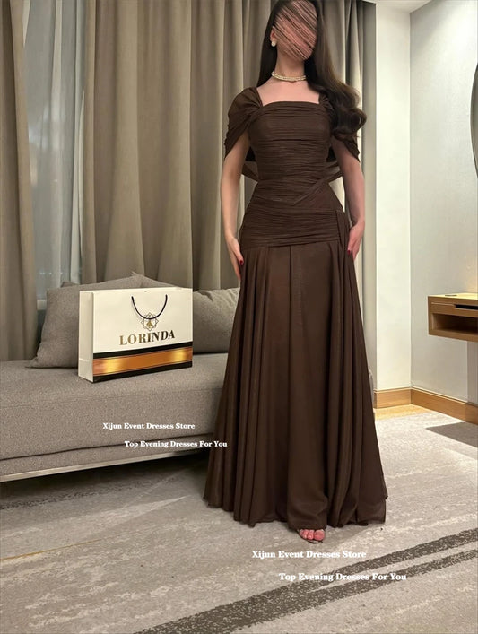 Xijun Vestidos de noche elegantes de gasa marrón con hombros descubiertos, vestidos de fiesta formales con línea A, vestidos de fiesta plisados de Arabia Saudita, personalizados