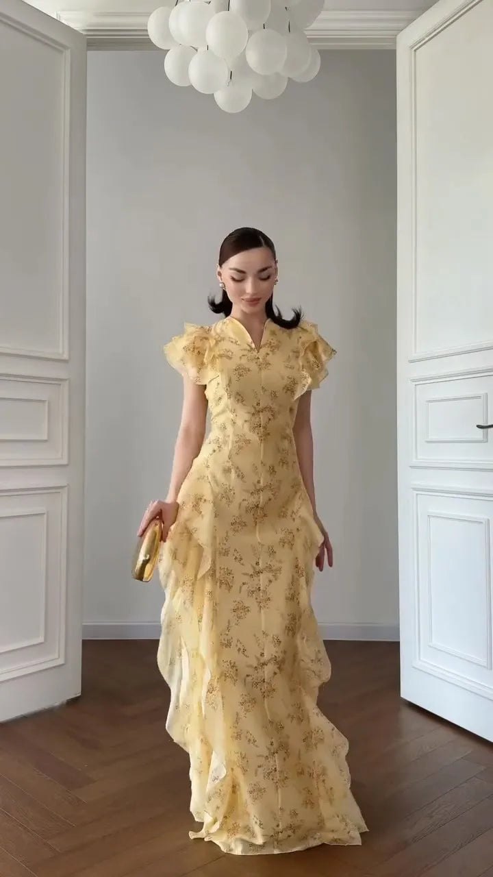 Fashion Women's Printed Ruffled Dress Elegant Short Sleeve Female V Neck Maxi Dresses 2026 Summer Elegant New Lady Vestidos