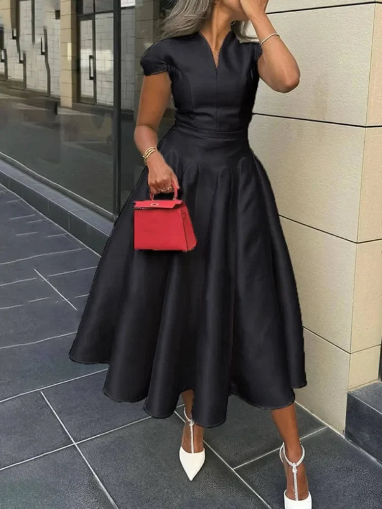 Solid Color Pleated Midi Dress | Sophisticated V-Neck Cap Sleeve Silhouette | Elegant "High-Waist" A-Line Party Dress | "Dignified" Ruffle Detail Gown for Radiant Versatile Styling Luxegan