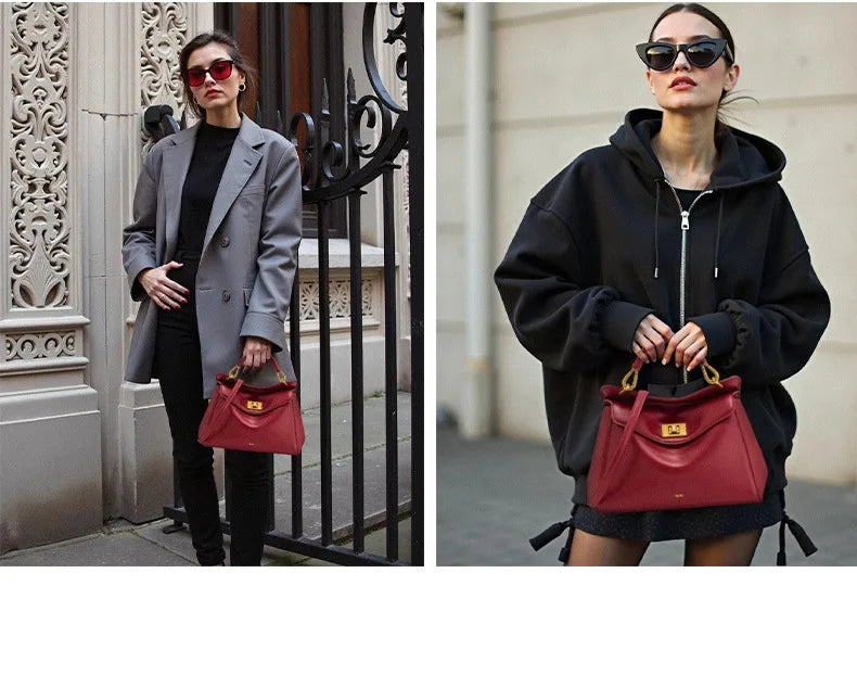 Lucia Lock Premium Leather Crossbody | Versatile Underarm Shoulder Bag & Purse | High-End Genuine Cowhide Satchel with Adjustable Strap (Temperament Collection) Luxegan