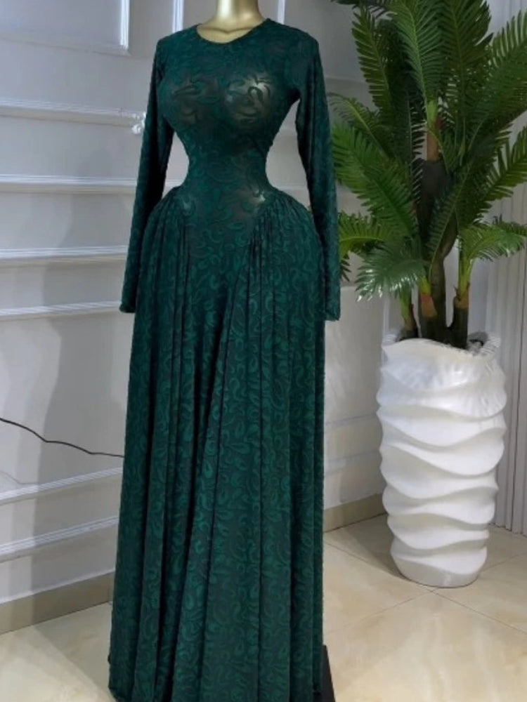 Floral O-Neck Full-Length Sleeve Mesh Pleated A-Line Floor-Length Dress – Empire Waist, Regular Fit, Spring/Summer Luxegan