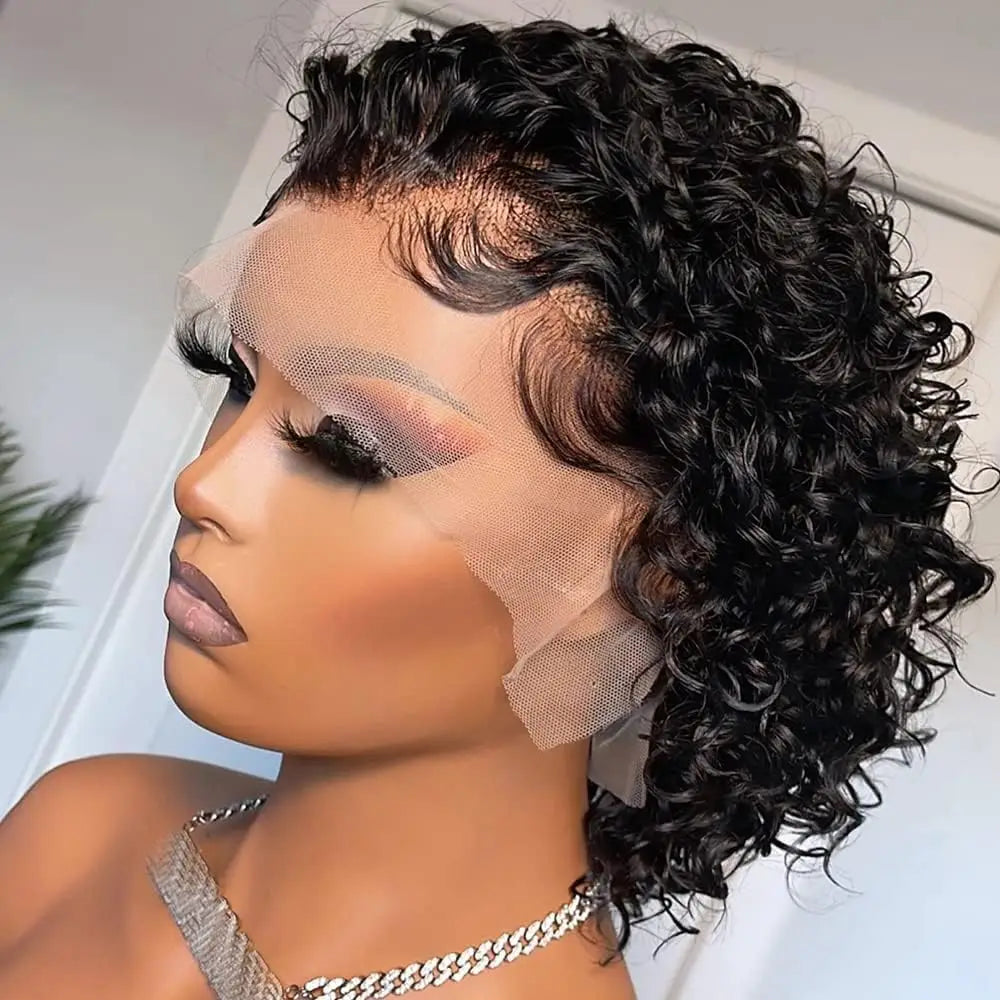 Short Curly Pixie Cut Wig - 13x4 & 13x1 Transparent Lace Frontal Human Hair Wig - Glueless Brazilian Remy Curly Short Bob Wig for Black Women (4-16 Inches, #1B Natural Color) Luxegan
