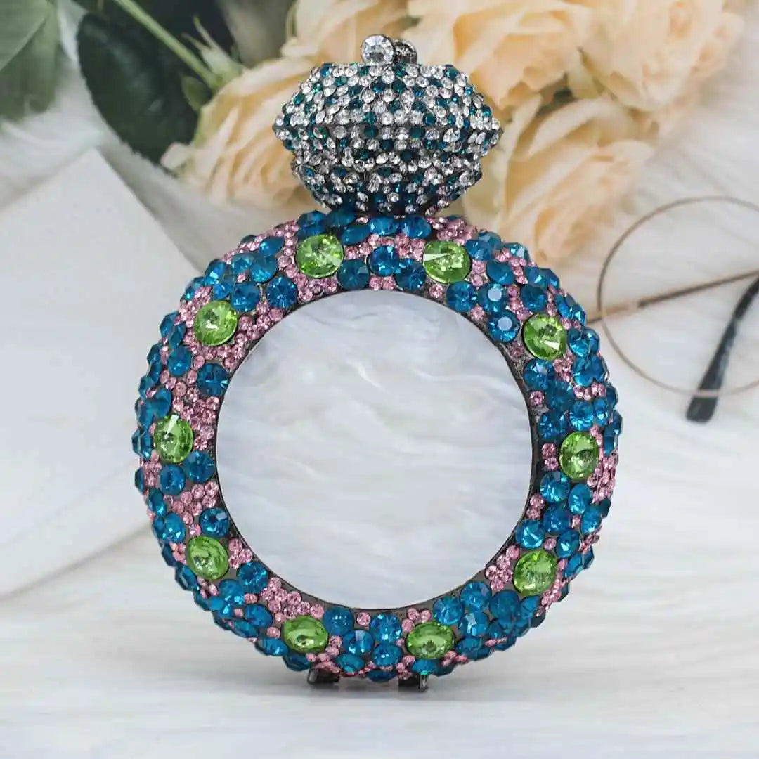 New Design "Big Diamond Ring" Evening Bag | Luxury Bridal Wedding Rhinestone Clutch | Elegant Circular Gold & Silver Handbag | Glamorous Sequined Dress Purse (Model DR521) Luxegan