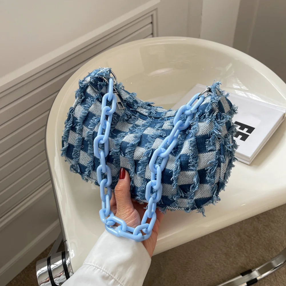 Vintage Women's Casual Shoulder & Underarm Bag | Plaid Pattern Denim Small Purse (Ladies Chain Leisure Handbag, Hobo Style) Luxegan