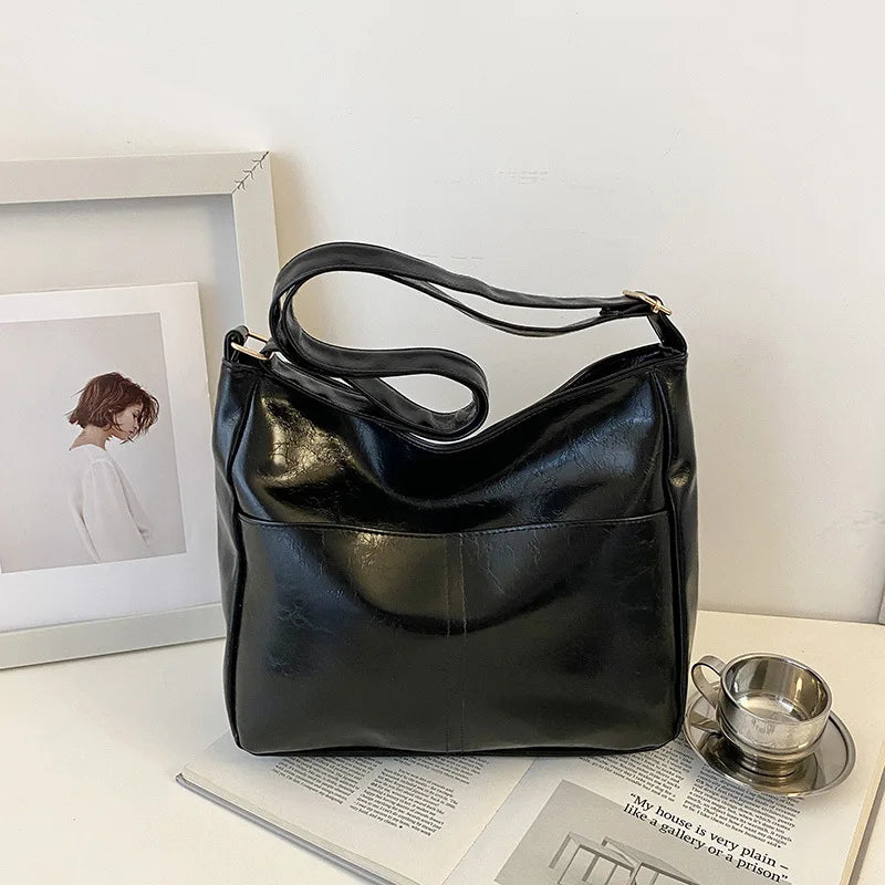 Red Large Capacity Oil Wax Leather Shoulder Bag | Bright Surface Women's New All-match Tote Bags | Casual High Quality Handbag Luxegan