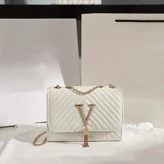Fashion Quilted Chain Crossbody | Sophisticated Letter-Embroidered Shoulder Bag | Elegant Luxury Tassel-Decor Square Purse | "Dignified" Structured Messenger with High-Fashion Detailing Luxegan