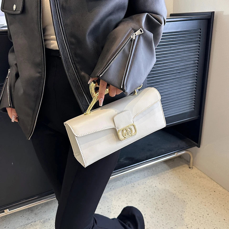 New Ladies Simple Fashion Shoulder Bag | Luxury Brand Design PU Leather Baguette | Metal Buckle Party & Commuting Bag Luxegan