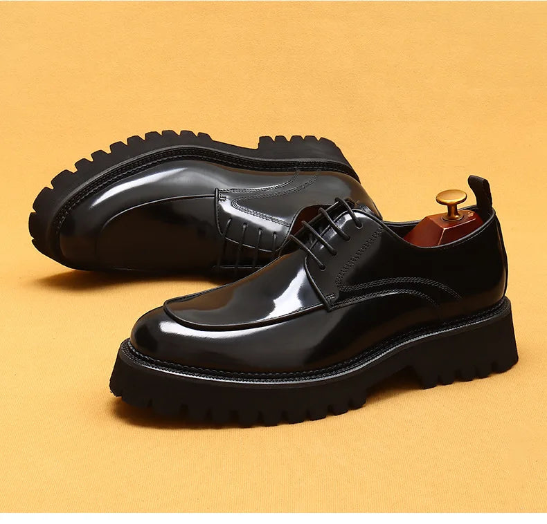 Designer Glossy Leather Derby Shoes | Sophisticated Thick-Sole Round-Toe Footwear | Elegant "Waxed Cowhide" Silhouette | "Dignified" British Style Lace-Up Shoes for Radiant Versatile Office & Career Styling Luxegan