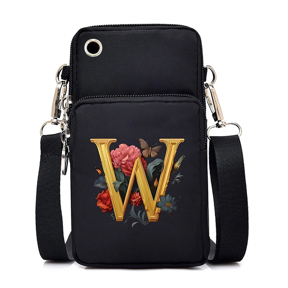 Women’s Small Crossbody Mobile Phone Bag | Sophisticated Vintage Flower & Alphabet Purse | Elegant Mini Messenger with Soft Leather Strap | Fashion-Forward Cartoon Applique Shoulder Bag (Model 858) Luxegan