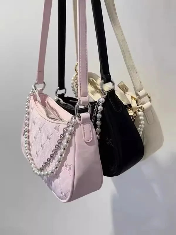 Women's Shoulder Bag | Elegant Cute Bow Pearl Chains & Embroidery Handbag (Casual Leather Korean Fashion Female Handbag) Luxegan