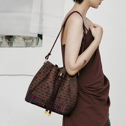 Luxury Classic Women’s Bucket Bag | Fashion PVC Printed Shoulder Bag | Designer Inspired Mini Bucket Purse | Trendy "Luxury Brand" Lettered Handbag (Model CO2C2211) Luxegan