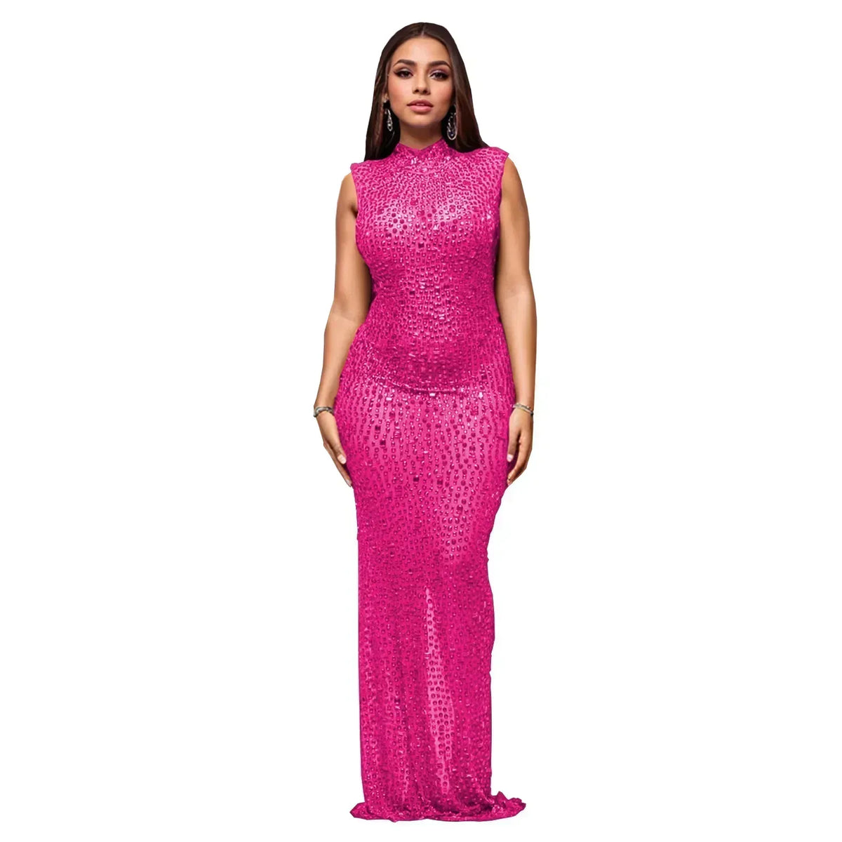 Solid O-Neck Sleeveless Diamond Embellished Slim Fit Straight Midi Dress – Natural Waist, Medium Stretch, Autumn/Winter Luxegan