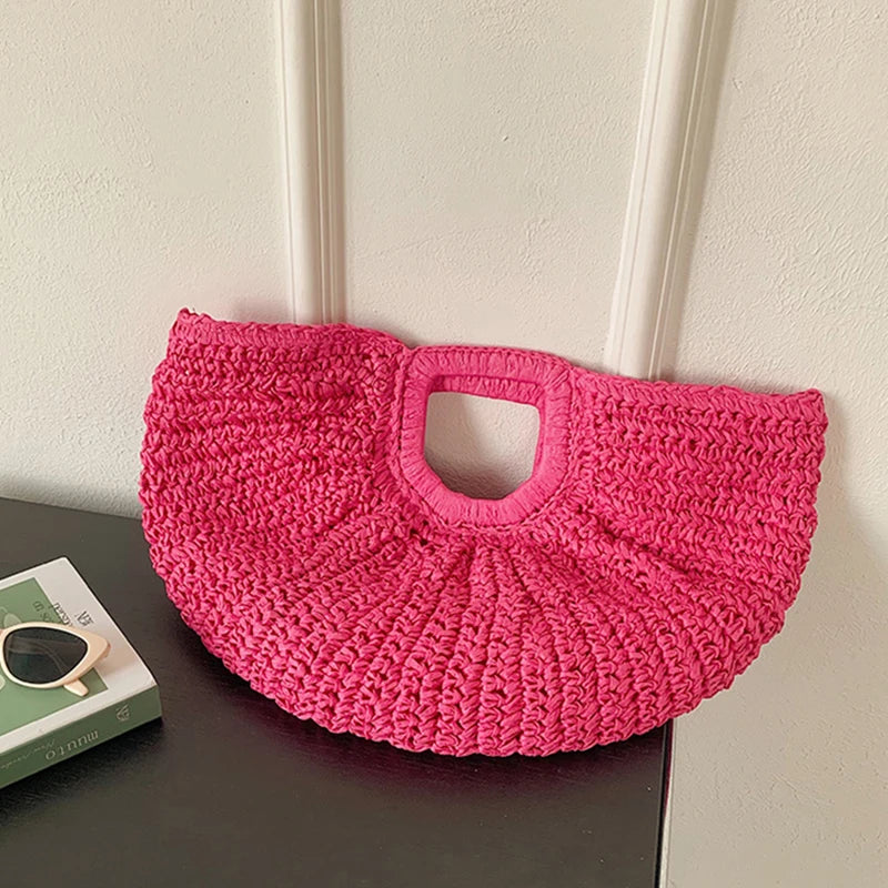 Summer Straw Women Half-moon Beach Handbag | Rattan Handmade Handle & Knitted Tote Bag Luxegan