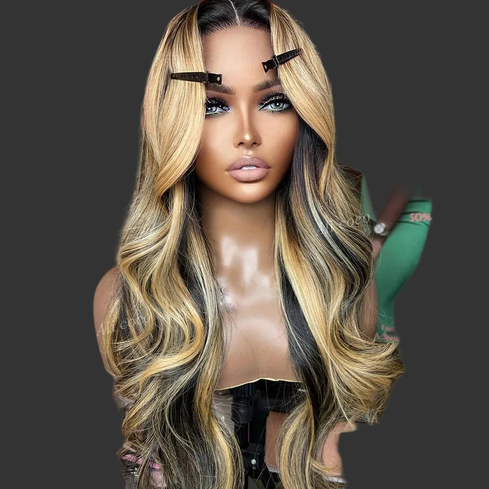 Honey Blonde Highlight Body Wave Lace Frontal Wig | Sophisticated 13x6 Transparent Lace | Elegant "Brazilian Remy" 26+ Inch Length | "Dignified" Pre-Plucked Human Hair for Radiant Versatile Styling Luxegan