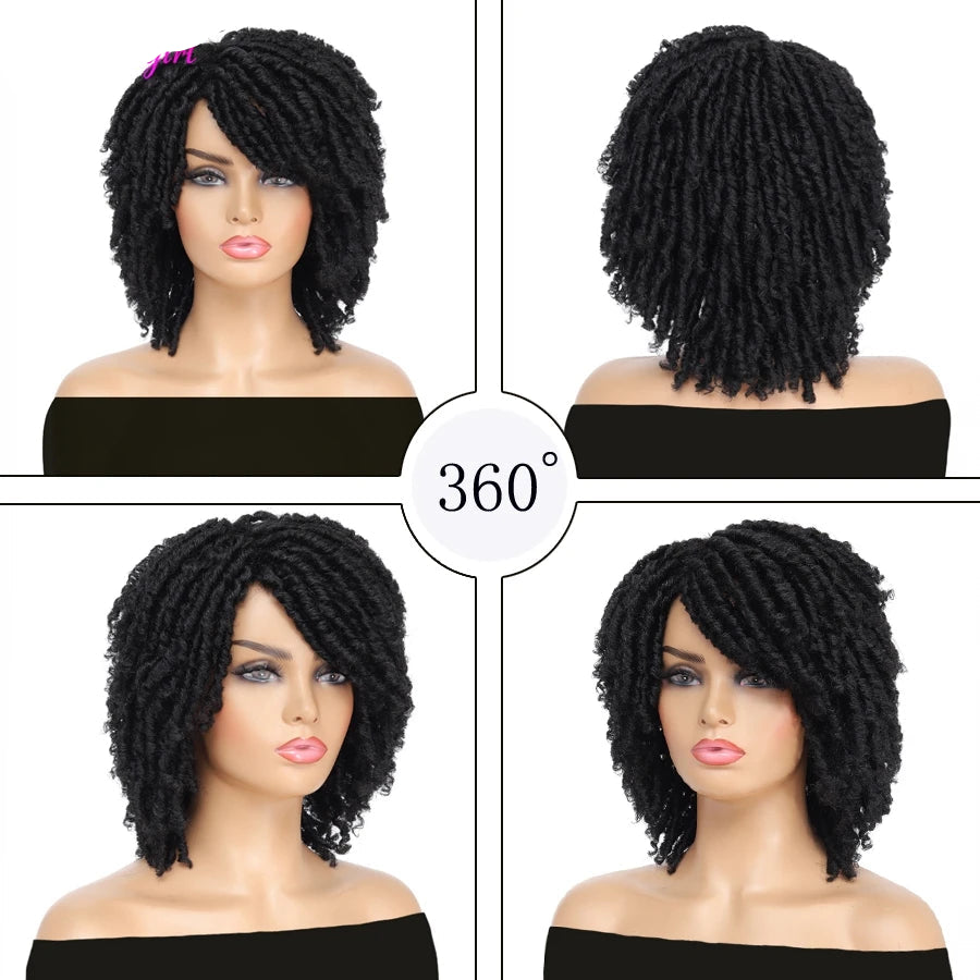 Short Afro Curly Faux Locs Wig | Twist Braids | Heat Resistant | Ombre Brown | Black Women Luxegan