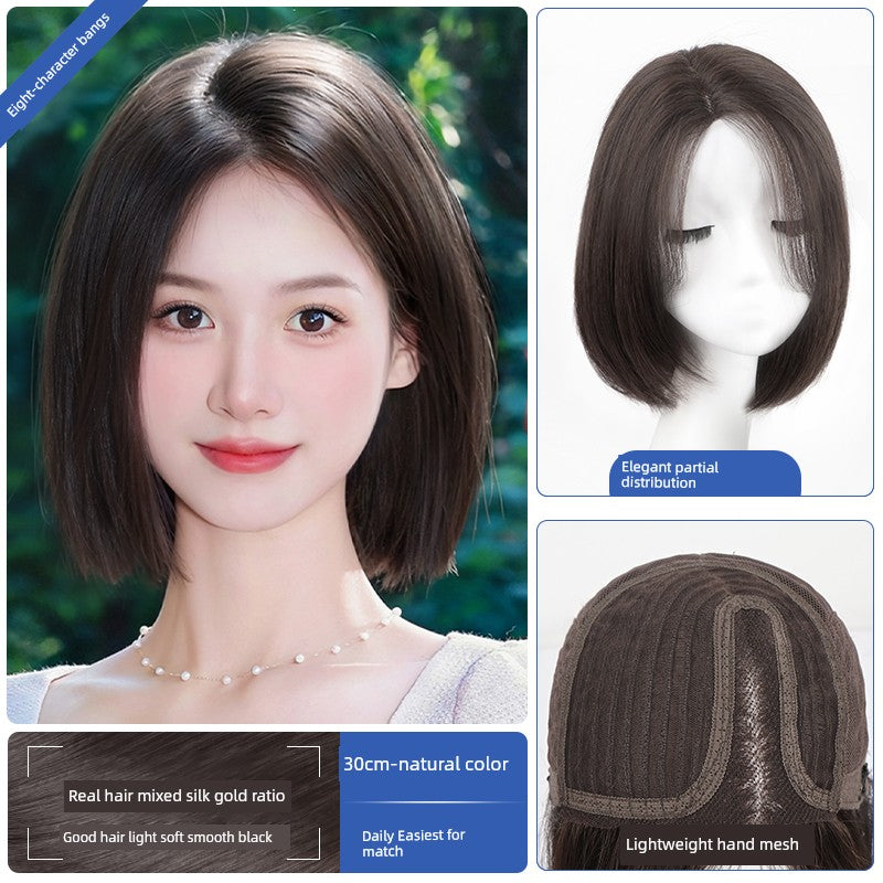 Natural Full-Head Human Hair Wig | Classy Collarbone Length Short Straight Wig with Oblique Bangs for Women (Sweet & Lovely, Elegant Style) Luxegan