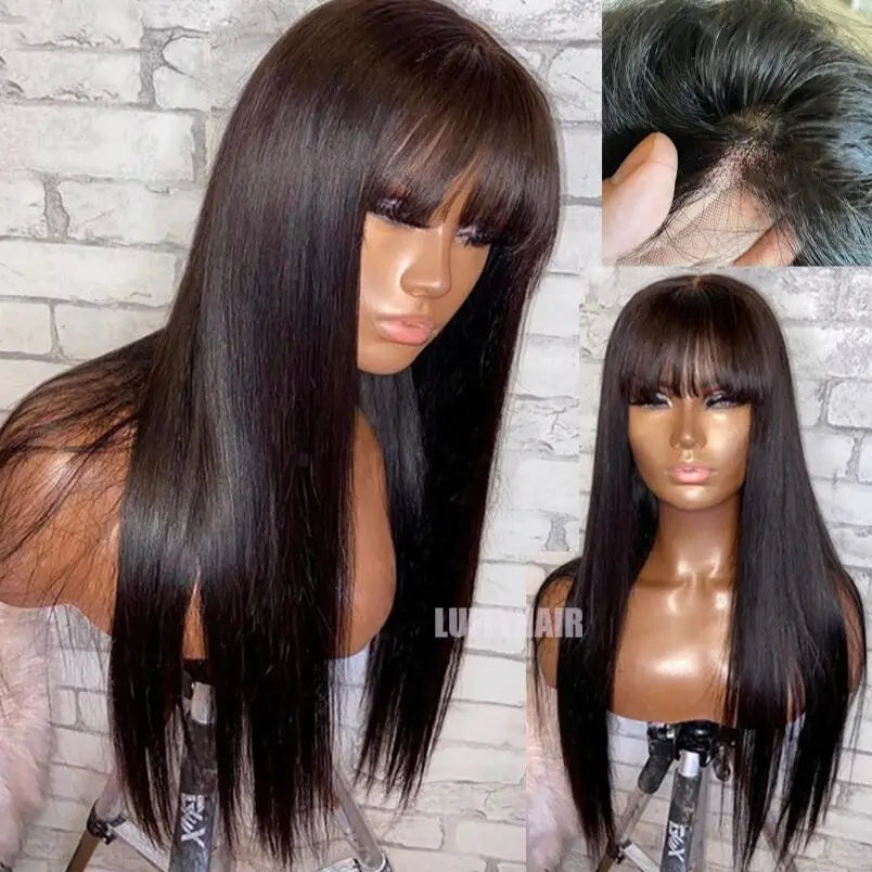 Silk Top Full Lace Human Hair Wig | Sophisticated 5x4.5 Silk Base Straight Hair | Elegant "Brazilian Remy" 18–24 Inch Length | "Dignified" Pre-Plucked Wig with Fringe for Radiant Versatile Styling Luxegan