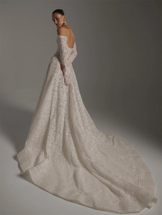 Vestidos de novia de Tokio personalizados blancos con hombros descubiertos, mangas largas, cremallera trasera, corte en A, cola de corte, vestidos de novia 2026