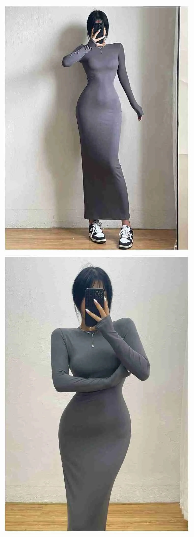 Women's Elegant High Street Long Sleeve Maxi Dress | Simple Korean Style Slim Fit Ankle-Length Robe | Soft Autumn/Winter Solid Color A-Line Gown | Premium Ruffle Empire Waist Model Carbon Ash Luxegan