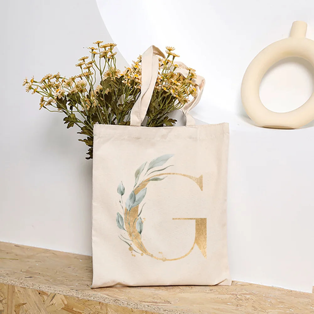Leaves Plant Initial Print Canvas Tote Bag | Reusable Summer Beach & Shopping Handbag with Hasp Closure Luxegan