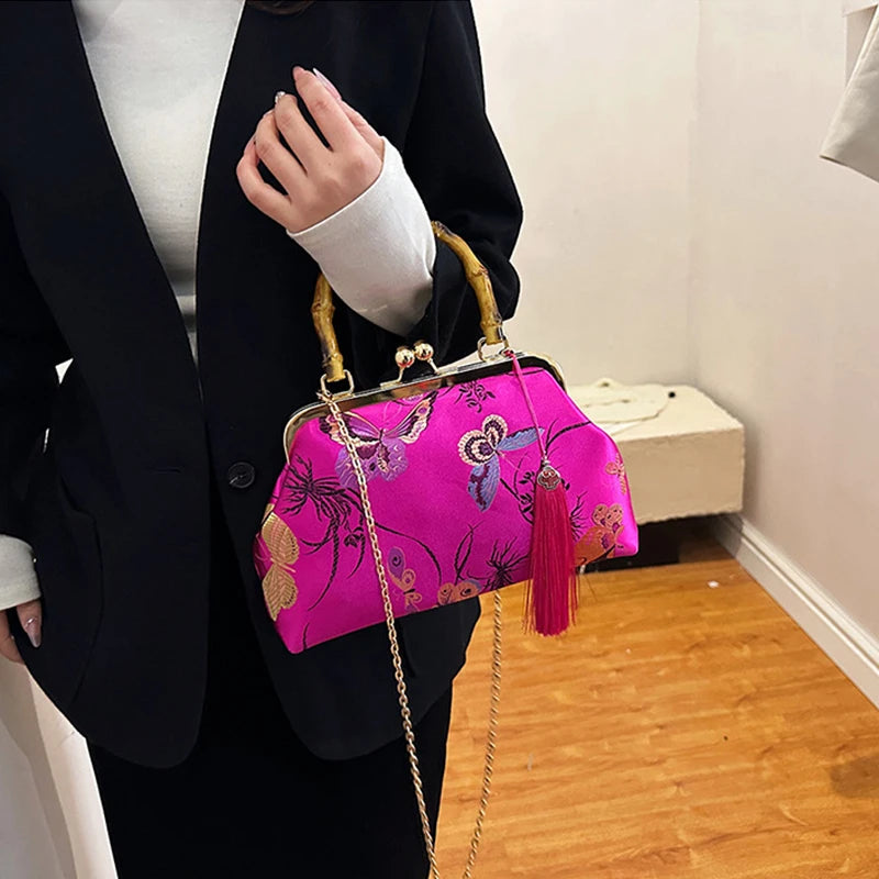 Luxury Silk Embroidered Handbag | Sophisticated "Retro Palace" Silhouette | Elegant Bamboo Handle Shell Bag | "Dignified" High-Performance Chinese Literary Dinner Clutch for Radiant Versatile Styling Luxegan