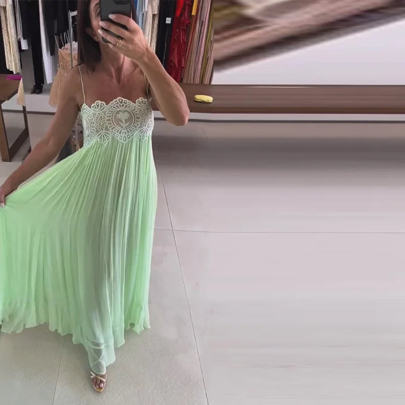 Solid Strapless Sleeveless Pleated Loose Fit A-Line Ankle-Length Dress – Natural Waist, Summer Luxegan