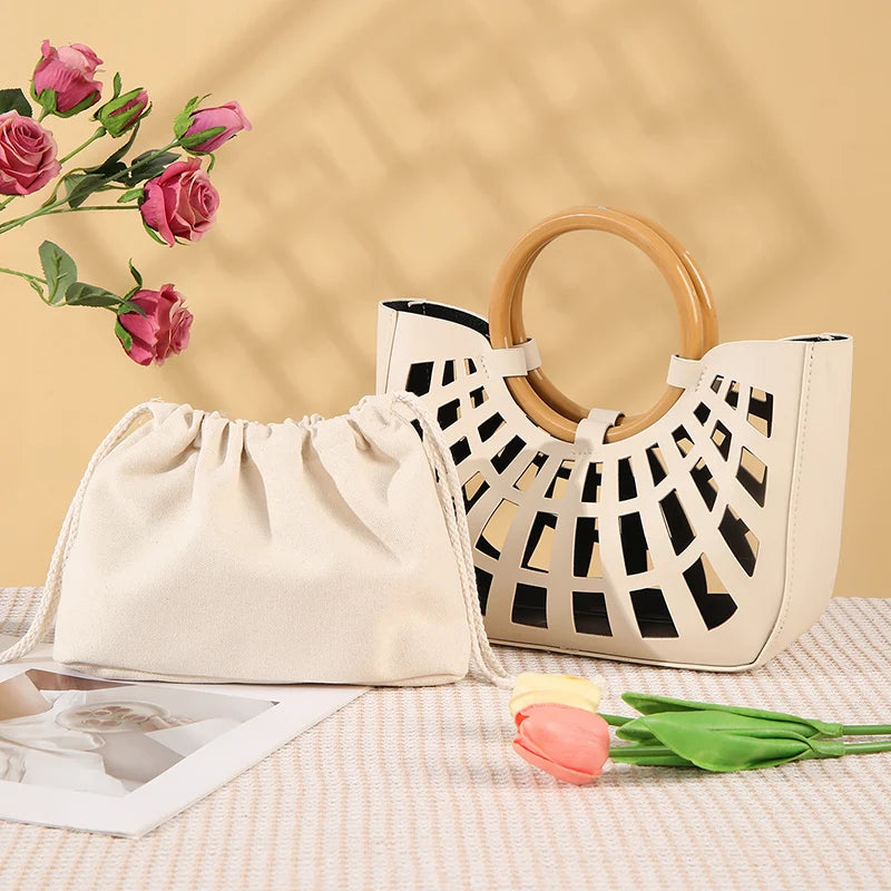 Hollow-Out PU Leather Tote Bag | Lightweight Square Handbag & Stylish Shopping Bag Luxegan