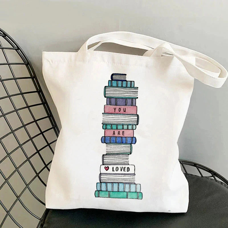 Flowery Books Printed Canvas Tote Bag | Retro Large Capacity Eco-friendly Shopping Bag | Unisex Student Schoolbag Shoulder Bag Luxegan