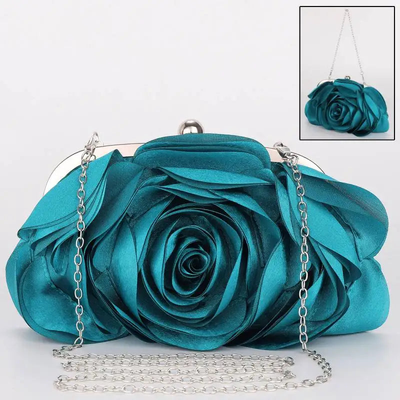 Luxury Flower Bride Evening Clutch Purse | Embroidered Ruched Floral Party Handbag | Premium Satin-Lined Wedding Wallet | Elegant Minaudiere Chain Shoulder Bag Model EB034 Luxegan
