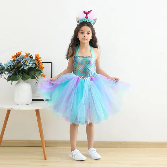 Vestido de fiesta de cosplay para niñas, vestido de princesa, vestidos de tul de sirena, disfraz para fiesta de cumpleaños temática con diadema de flores