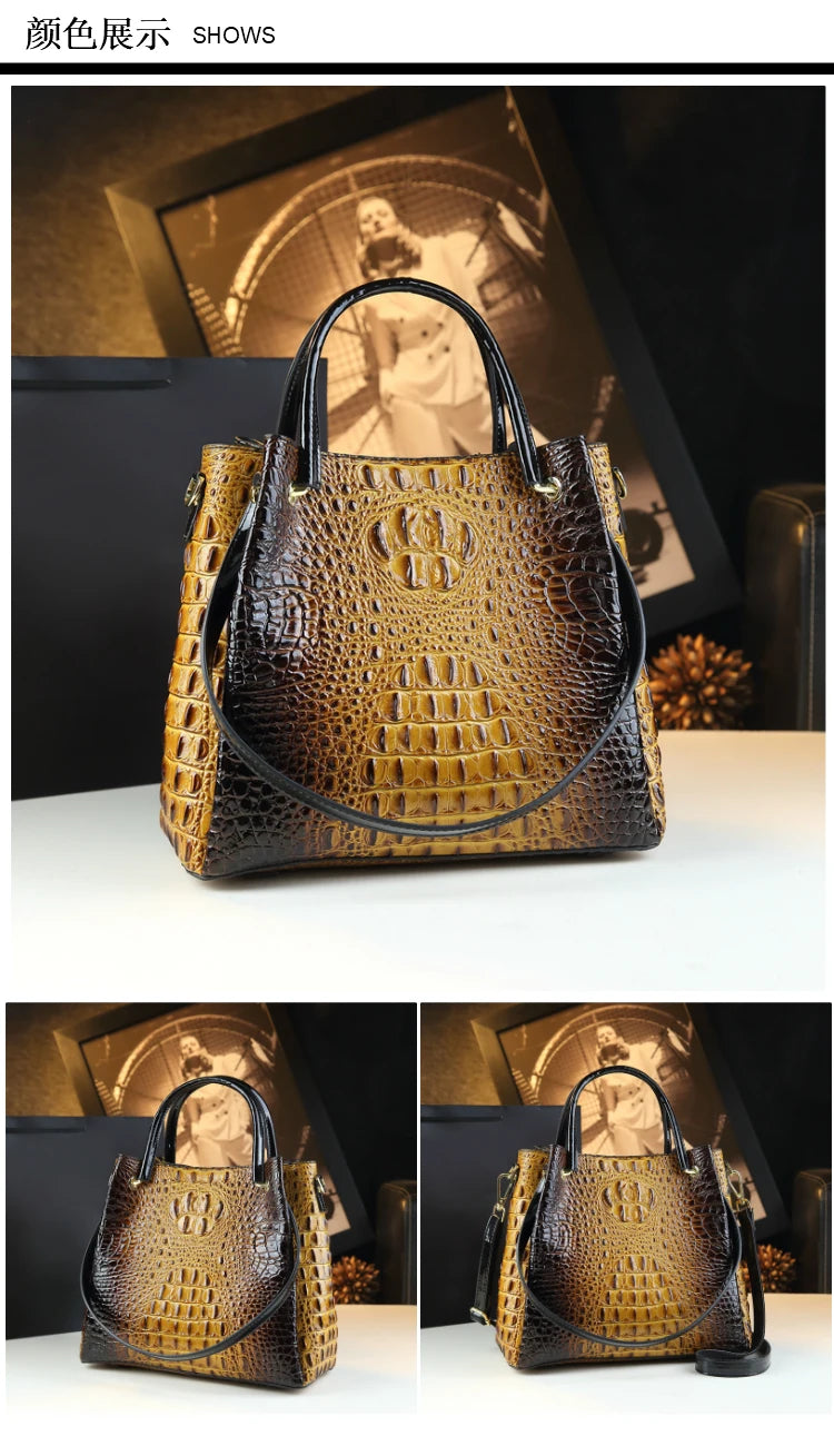 Genuine Leather Crocodile Print Bucket Bag | Vintage Tote & Messenger Luxegan