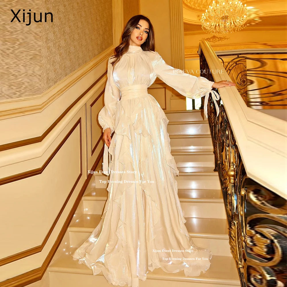 Xijun Luxury Glitter Silk Satin Evening Dresses Long Sleeves A-Line Formal Prom Dresses Tiered High Collar Prom Gowns Customized