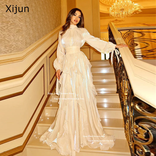 Xijun Luxury Glitter Silk Satin Evening Dresses Mangas Largas Vestidos de Fiesta Formales Acampanados de Noche Escalonados Cuello Alto Vestidos de Fiesta Personalizados